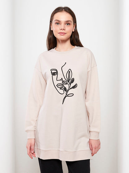 Crew Neck Embroidered Long Sleeve Women's Sweatshirt Tunic