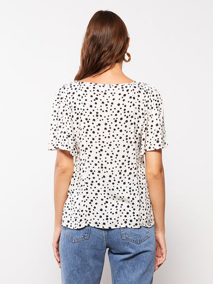 Square Neck Patterned Short Sleeve Crepe Fabric Women's Blouse