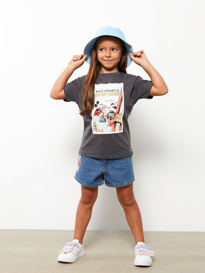 Elastic Waist Mickey Mouse Printed Girl's Jean Shorts