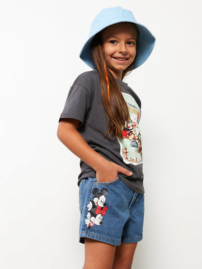 Elastic Waist Mickey Mouse Printed Girl's Jean Shorts