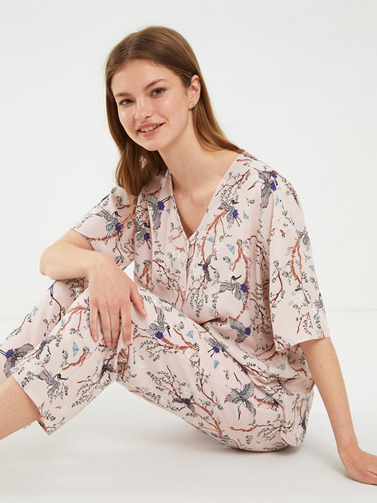 V-Neck Patterned Short Sleeve Viscose Women's Pajama Set