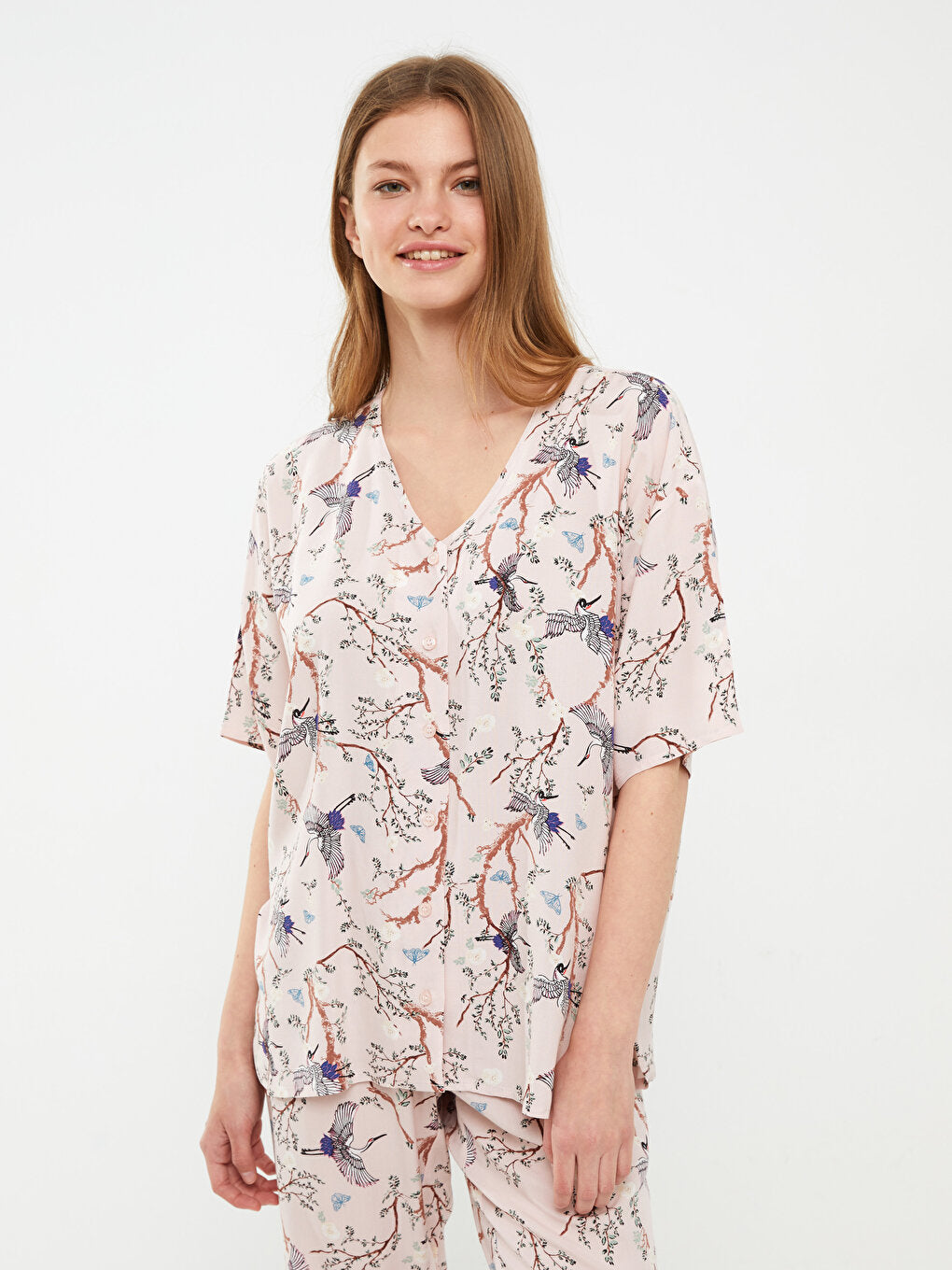 V-Neck Patterned Short Sleeve Viscose Women's Pajama Set