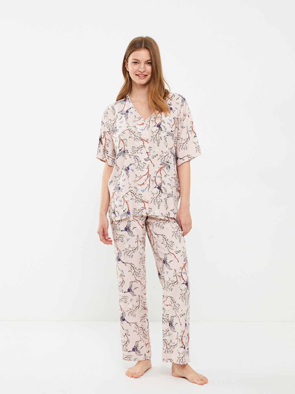 V-Neck Patterned Short Sleeve Viscose Women's Pajama Set