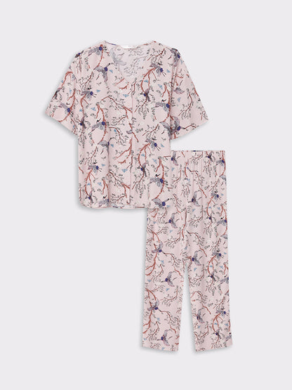 V-Neck Patterned Short Sleeve Viscose Women's Pajama Set