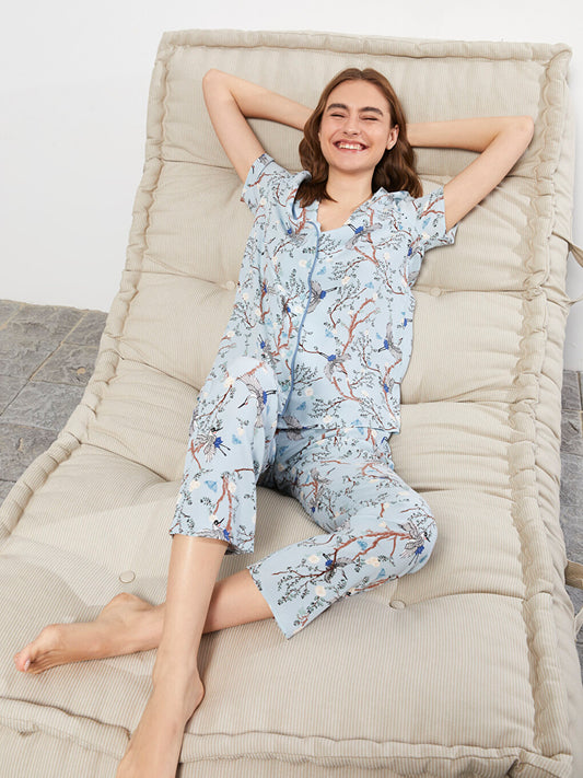 Shirt Collar Patterned Short Sleeve Viscose Women's Pajama Set