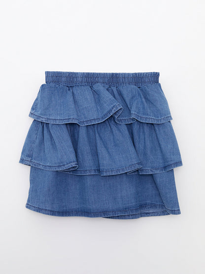 Girl's Jean Skirt with Elastic Waist Ruffle Detail