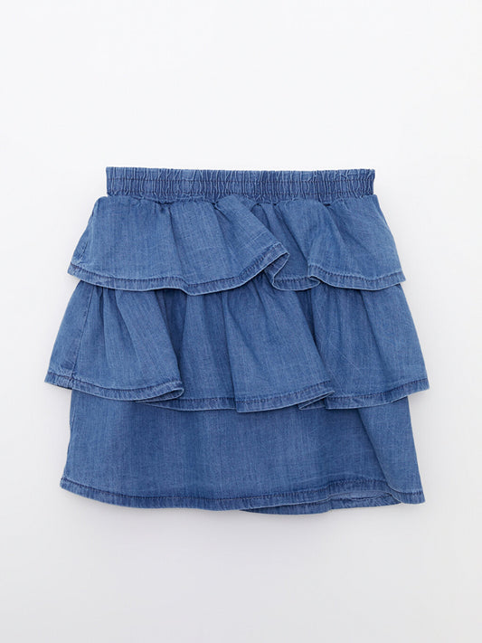 Girl's Jean Skirt with Elastic Waist Ruffle Detail