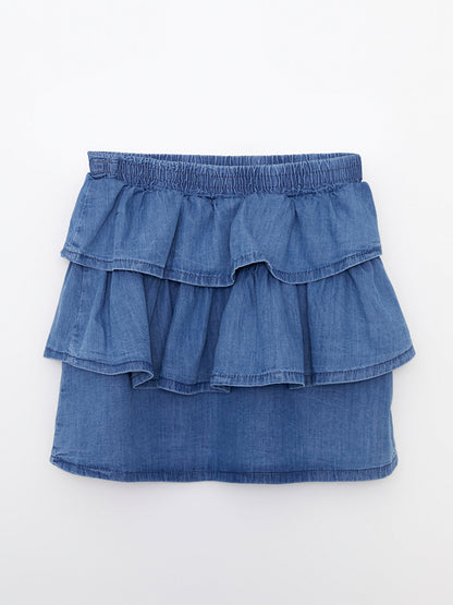 Girl's Jean Skirt with Elastic Waist Ruffle Detail