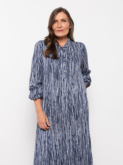 Crew Neck Striped Long Sleeve Viscose Women's Dress