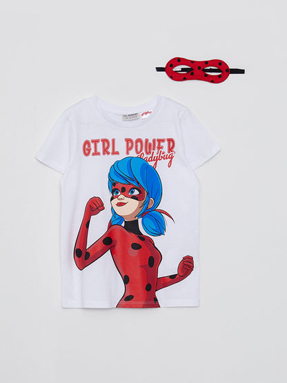 Crew Neck Lady Bug Printed Short Sleeve Girls' T-Shirt and Mask