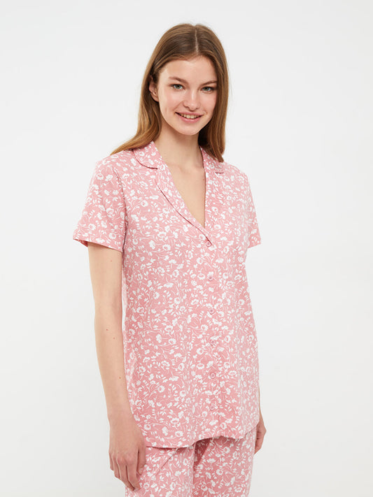 Shirt Collar Patterned Short Sleeve Cotton Women's Pajama Set