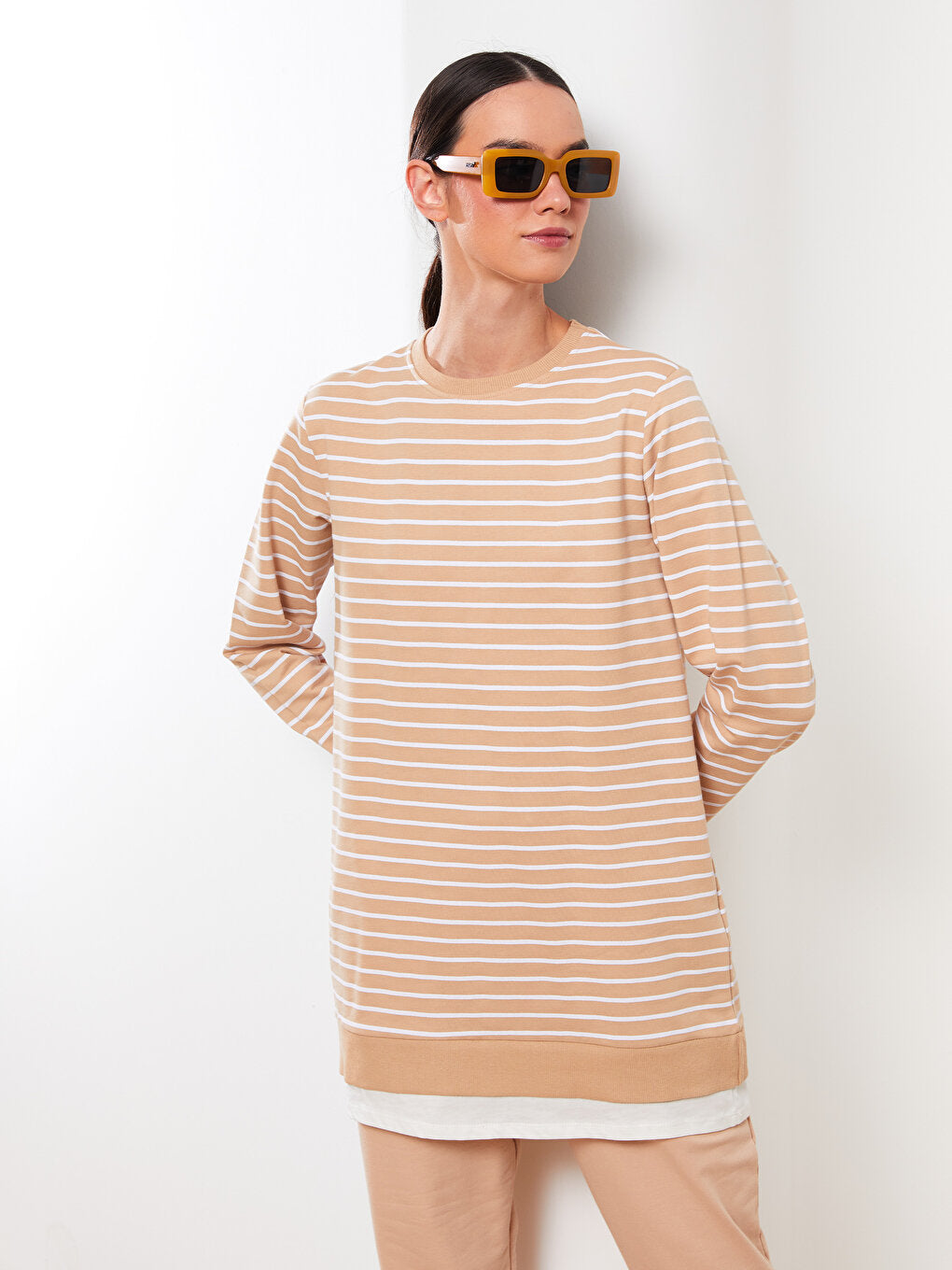 Crew Neck Striped Long Sleeve Women's Sweatshirt Tunic