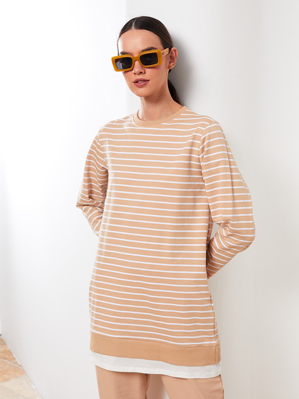 Crew Neck Striped Long Sleeve Women's Sweatshirt Tunic