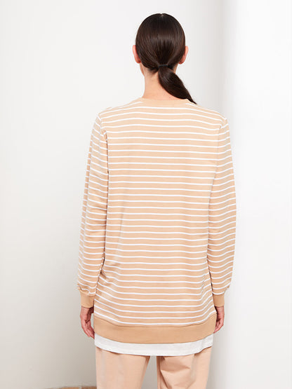 Crew Neck Striped Long Sleeve Women's Sweatshirt Tunic