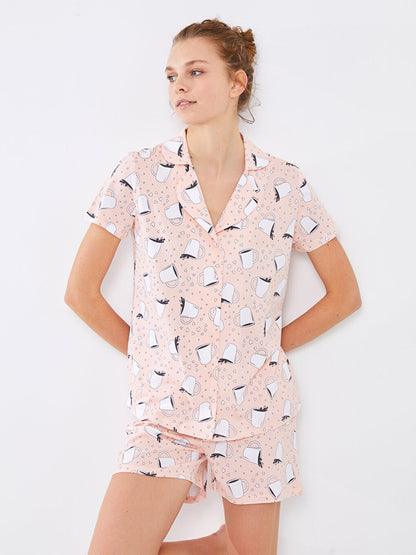 Shirt Collar Patterned Short Sleeve Cotton Women's Pajama Set