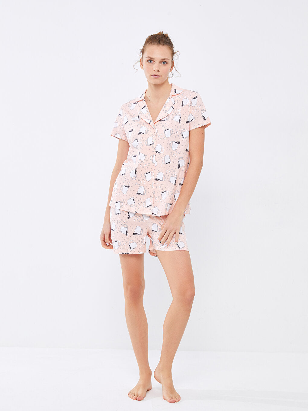 Shirt Collar Patterned Short Sleeve Cotton Women's Pajama Set