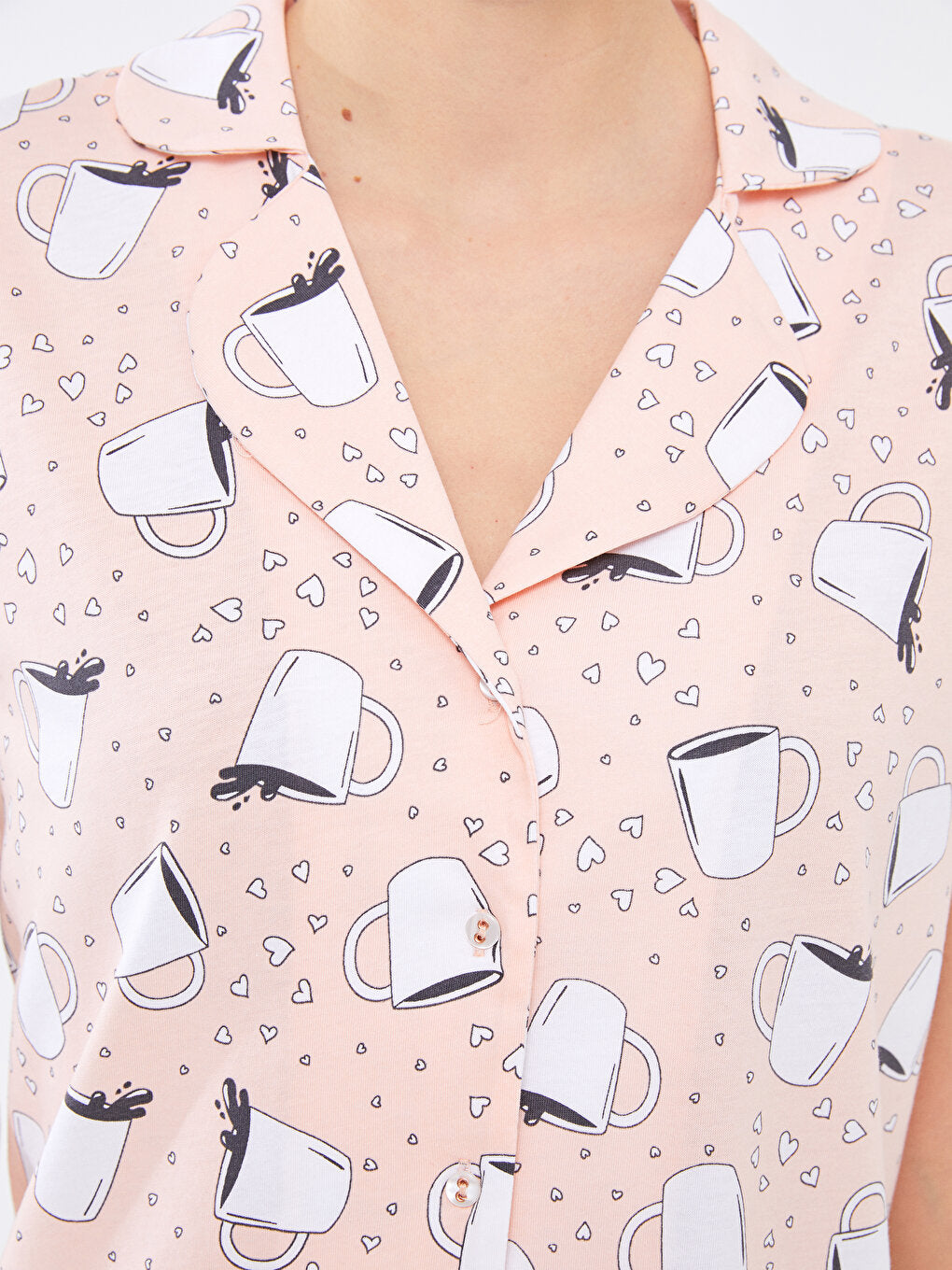 Shirt Collar Patterned Short Sleeve Cotton Women's Pajama Set