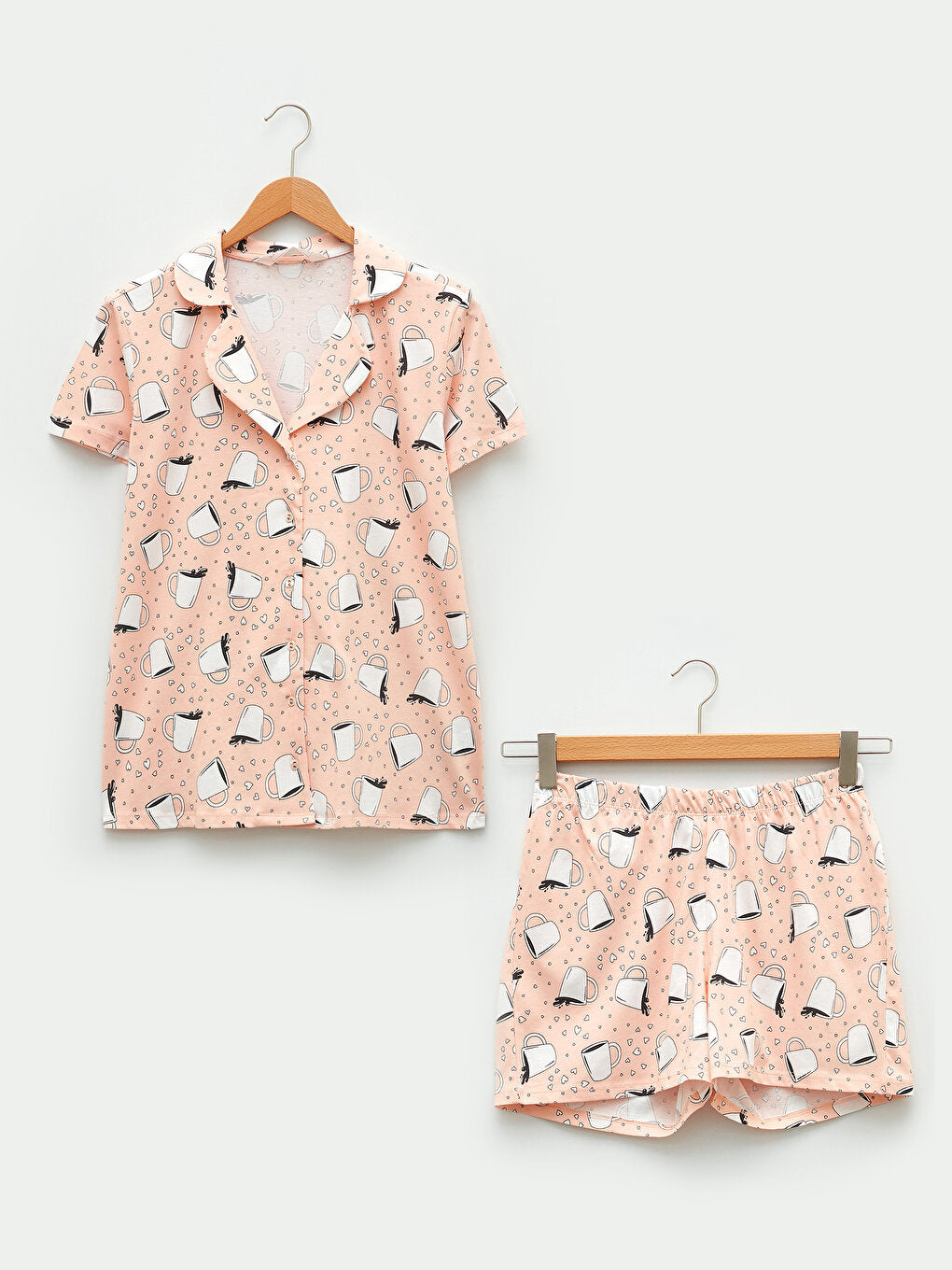 Shirt Collar Patterned Short Sleeve Cotton Women's Pajama Set