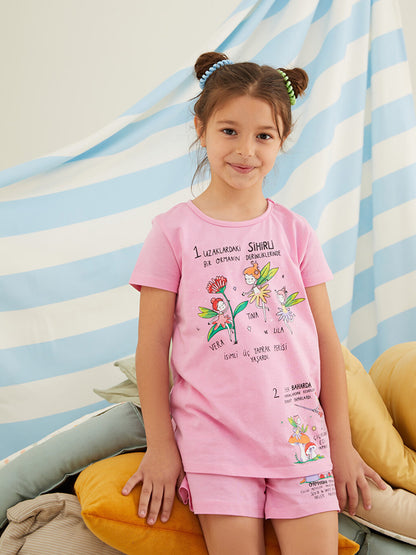 Crew Neck Printed Short Sleeve Girl's Pajama Set with Shorts