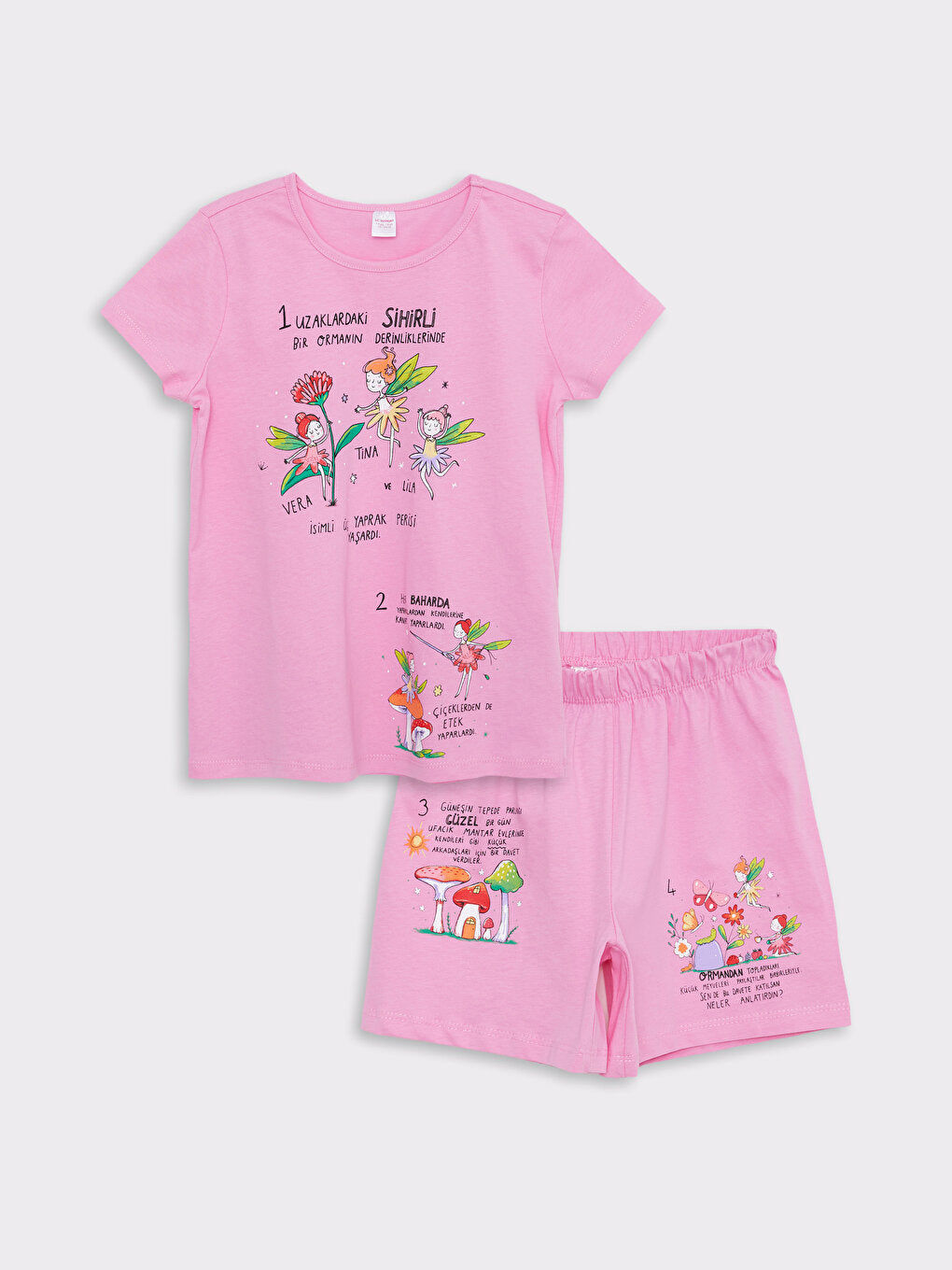 Crew Neck Printed Short Sleeve Girl's Pajama Set with Shorts