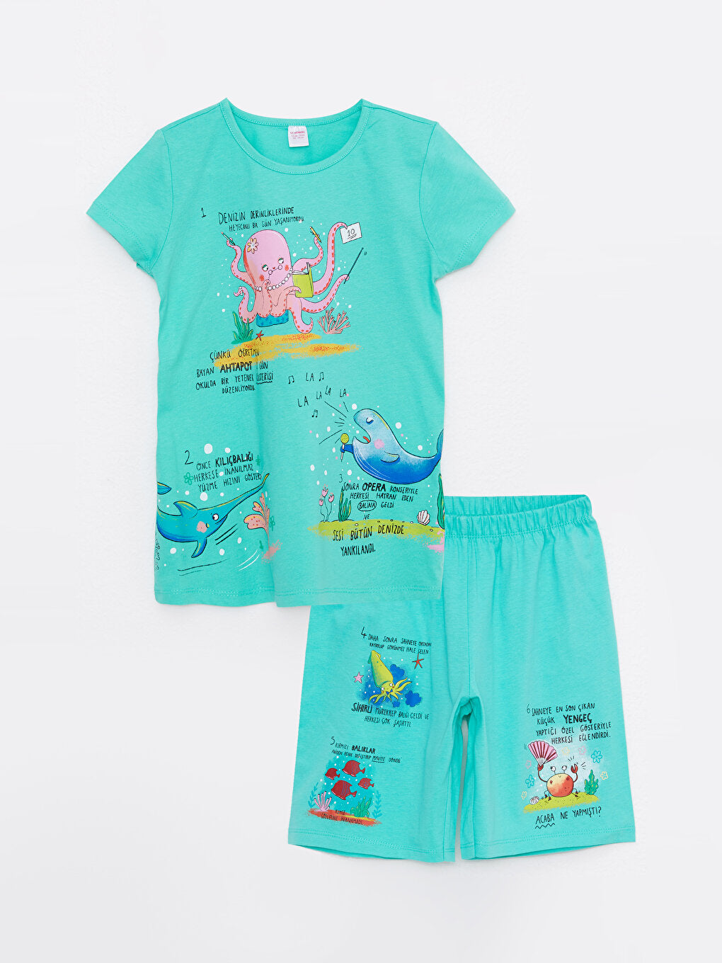 Crew Neck Printed Short Sleeve Girl's Pajama Set with Shorts