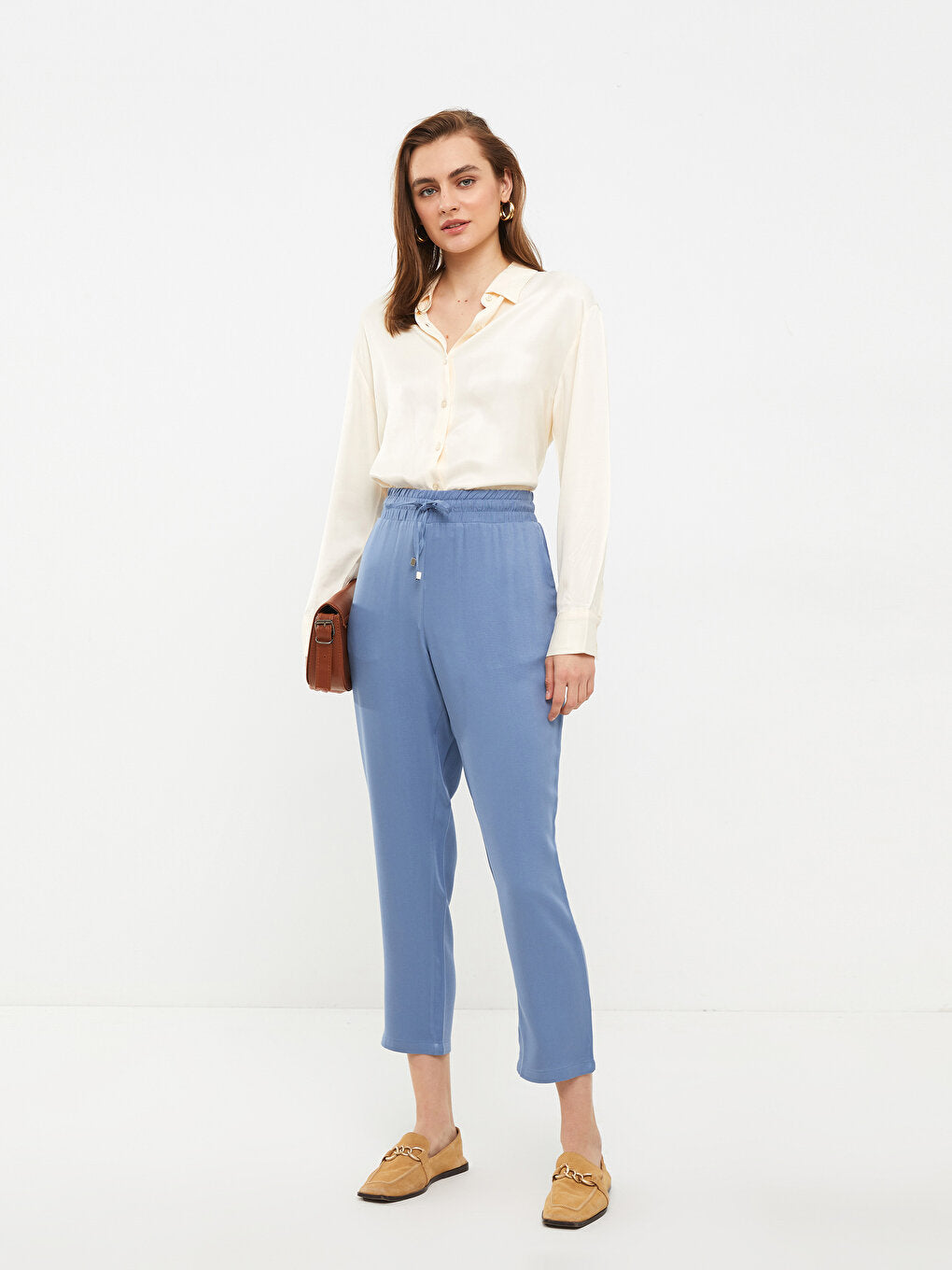 Comfortable Fit Straight Viscose Women's Trousers with Elastic Waist