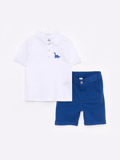 Polo Neck Short Sleeve Embroidery Detailed Cotton Baby Boy T-Shirt and Shorts 2-Piece Set