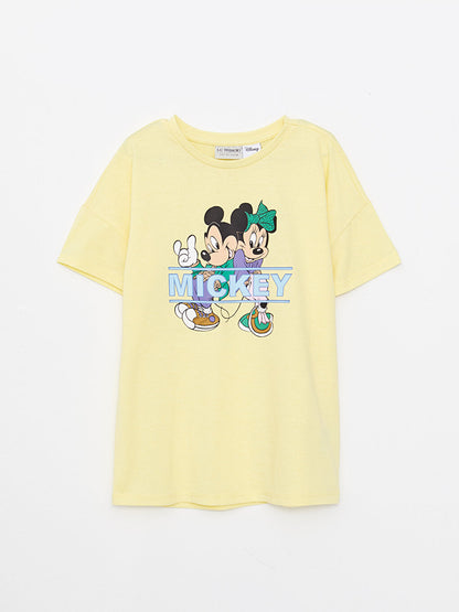 Crew Neck Minnie and Mickey Mouse Printed Short Sleeve Girls' T-Shirt