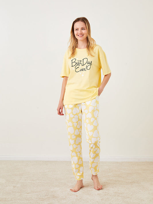 Crew Neck Printed Short Sleeve Cotton Women's Pajama Set