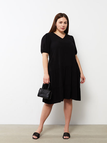 Plus Size V-Neck Plain Short Sleeve Crinkle Women's Dress