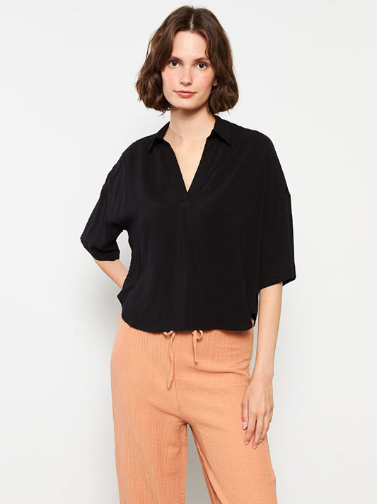 Shirt Collar Plain Short Sleeve Viscose Women's Blouse