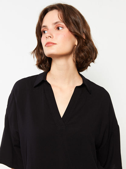 Shirt Collar Plain Short Sleeve Viscose Women's Blouse