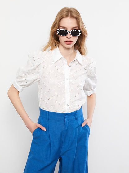 Front Button Closure Embroidered Short Sleeve Women's Shirt