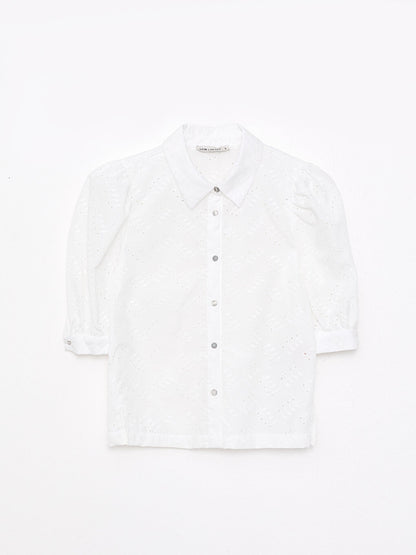 Front Button Closure Embroidered Short Sleeve Women's Shirt