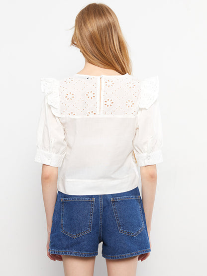 Crew Neck Embroidered Poplin Women's Blouse