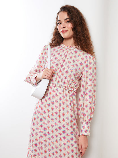 Ruffled High Collar Patterned Long Sleeve Women's Dress