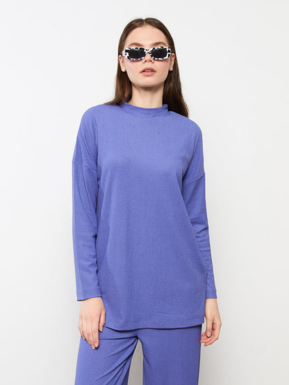 High Collar Plain Long Sleeve Crepe Women's Tunic