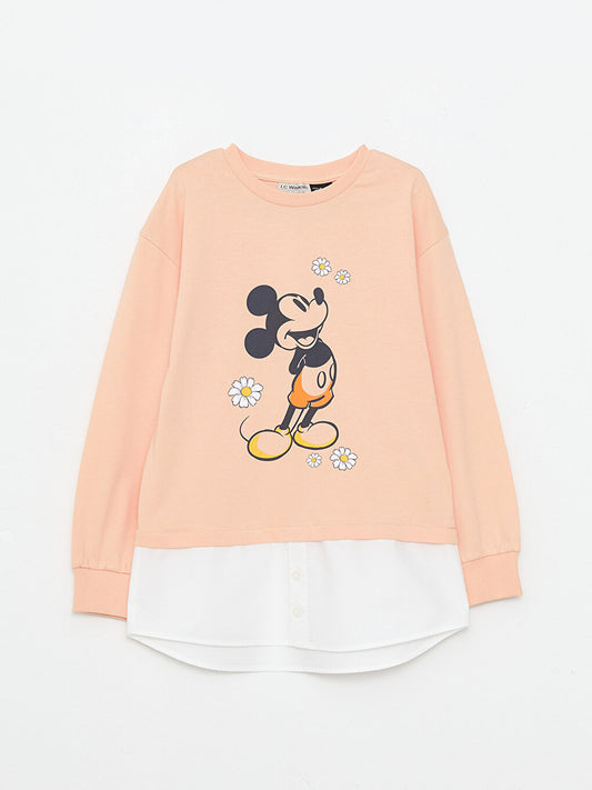 Crew Neck Mickey Mouse Printed Long Sleeve Cotton Girls' T-Shirt