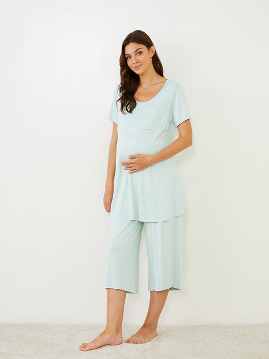 U-Neck Straight Short Sleeve Maternity Pajama Set with Breastfeeding Feature