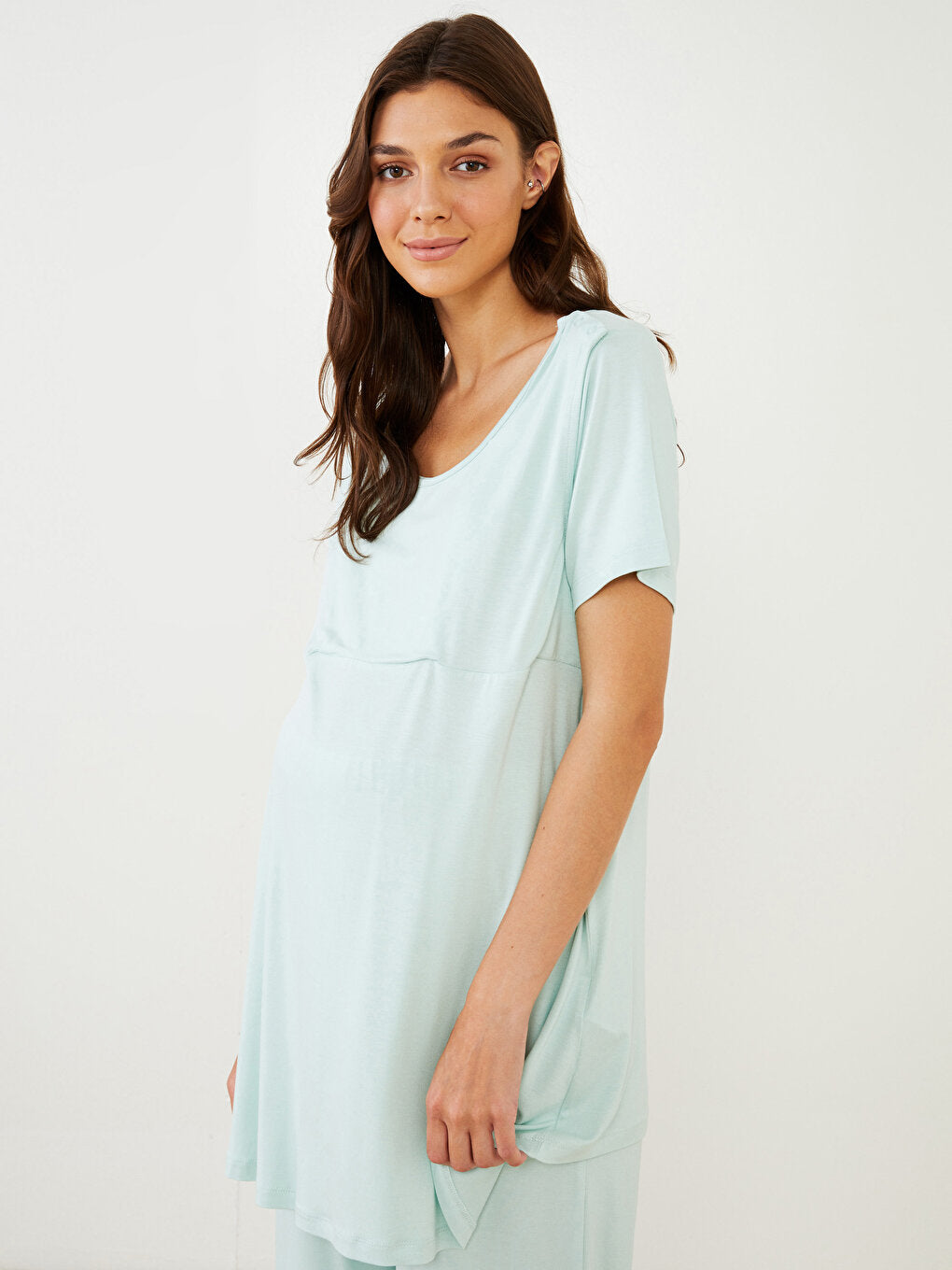 U-Neck Straight Short Sleeve Maternity Pajama Set with Breastfeeding Feature