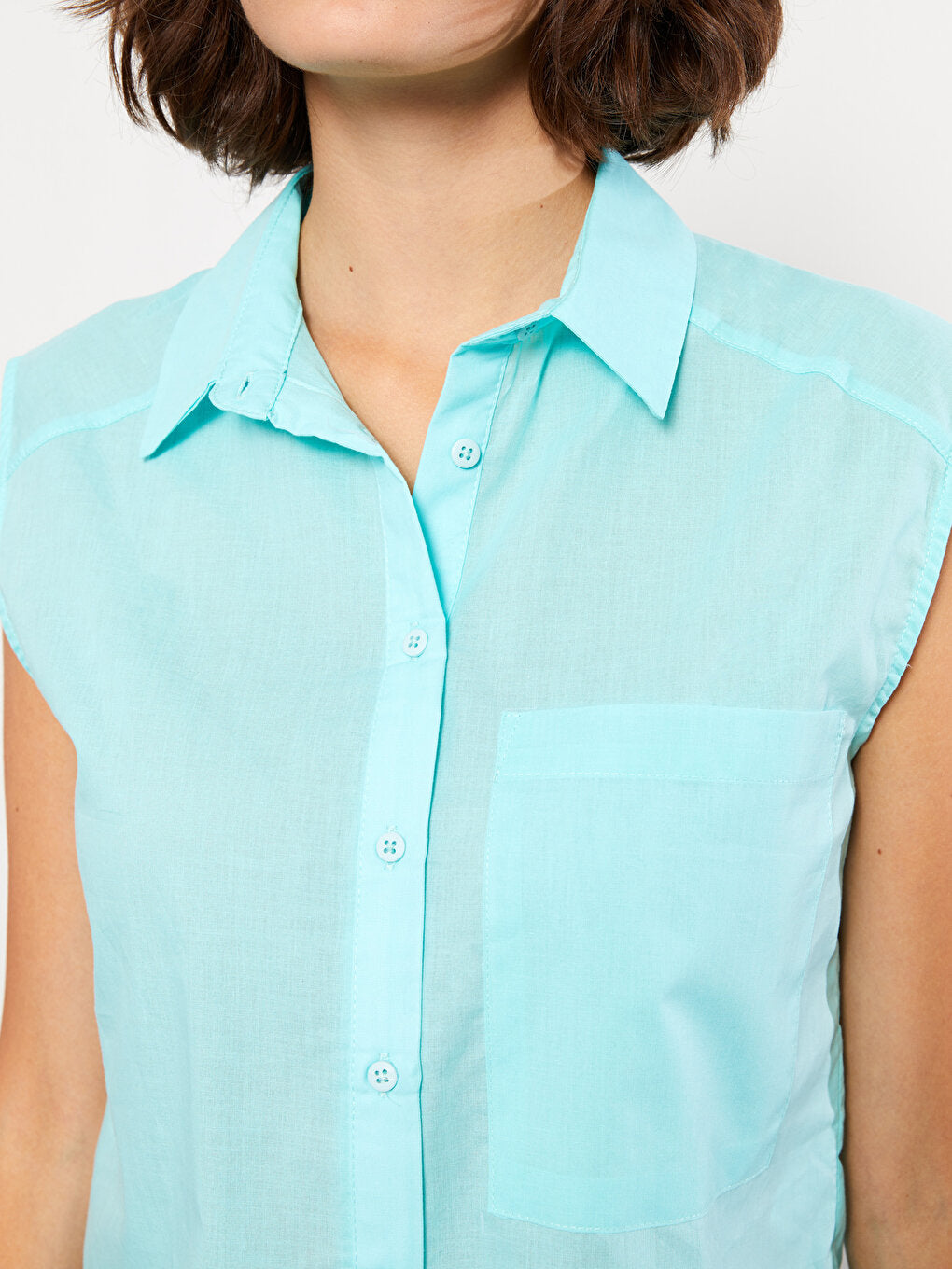 Front Button Closure Plain Sleeveless Poplin Women's Shirt