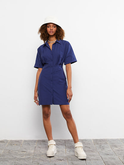 Shirt Collar Plain Short Sleeve Poplin Women's Dress