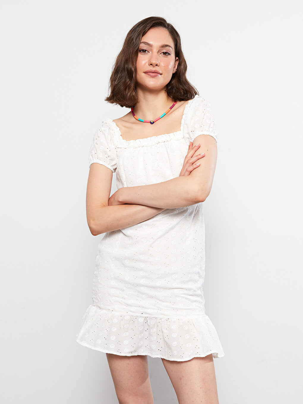 Boat Neck Self Patterned Short Sleeve Embroidery Women's Dress