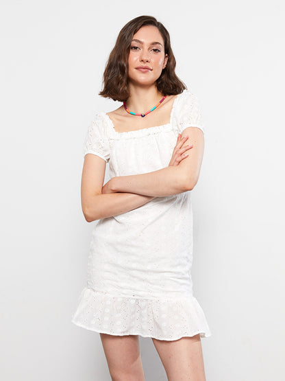 Boat Neck Self Patterned Short Sleeve Embroidery Women's Dress