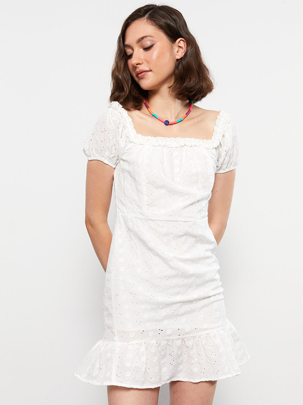 Boat Neck Self Patterned Short Sleeve Embroidery Women's Dress