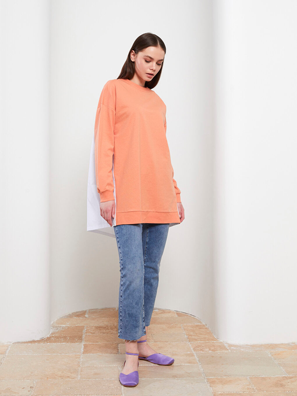 Crew Neck Color Blocked Long Sleeve Women's Sweatshirt Tunic