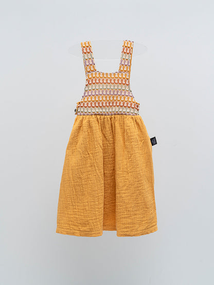 Square Neck Patterned Strappy Children's Muslin Dress