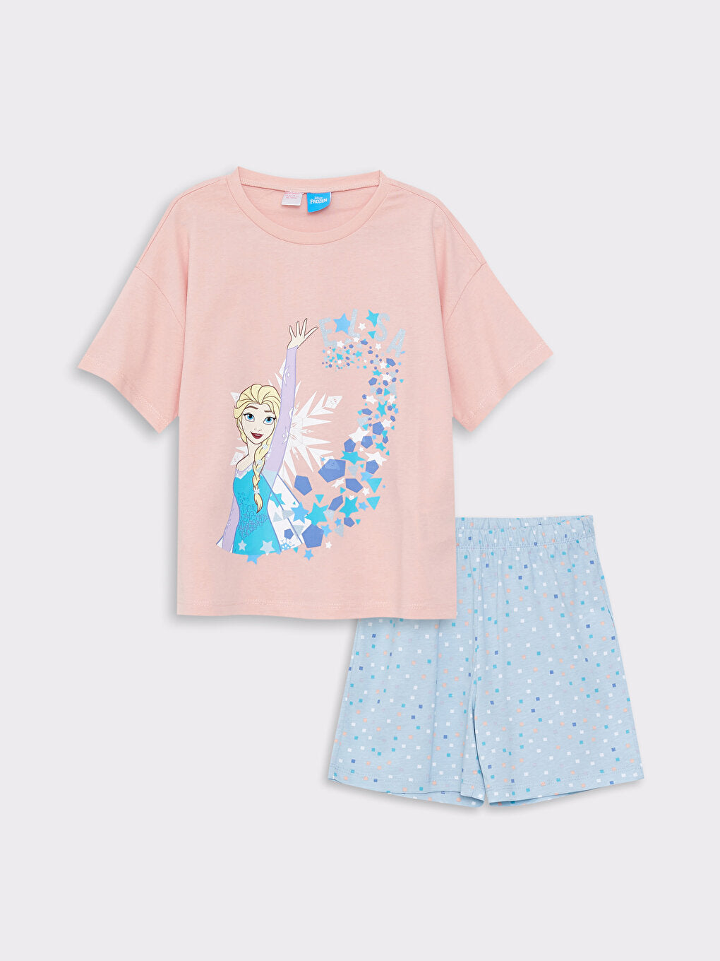 Crew Neck Elsa Printed Short Sleeve Girl's Pajama Set with Shorts