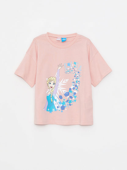 Crew Neck Elsa Printed Short Sleeve Girl's Pajama Set with Shorts