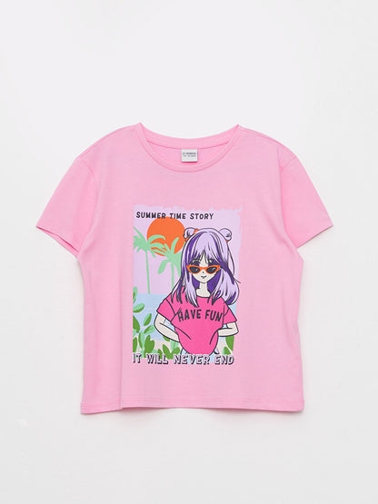 Crew Neck Printed Short Sleeve Cotton Girls' T-Shirt